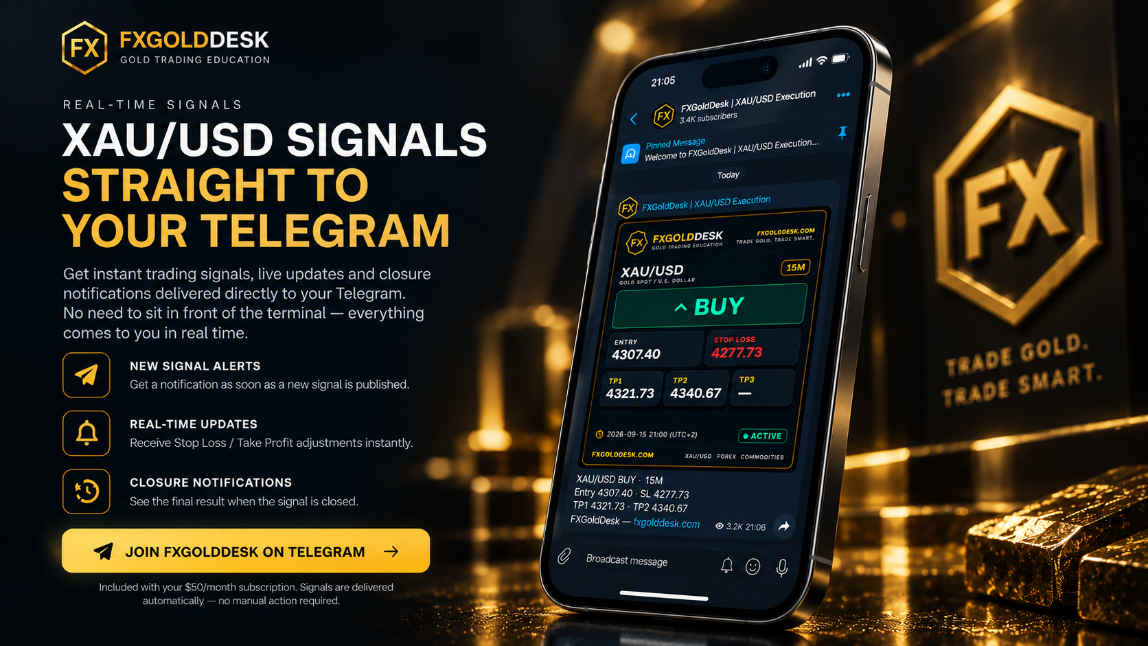 FXGoldDesk XAU/USD signal delivered to Telegram: a phone showing a BUY signal card with entry, stop loss and take-profit levels